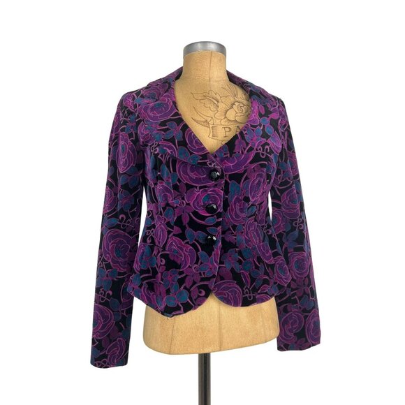 Nanette Lepore Jacket Purple Blue Black Floral Velvet Blazer Authentic Vintage N - Picture 2 of 8